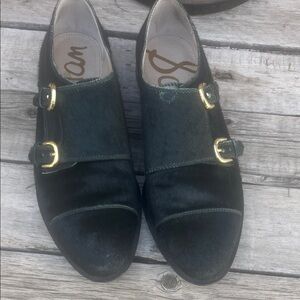 Sam Edelman green Double Monk Haircalf Leather Shoes with Gold Buckles